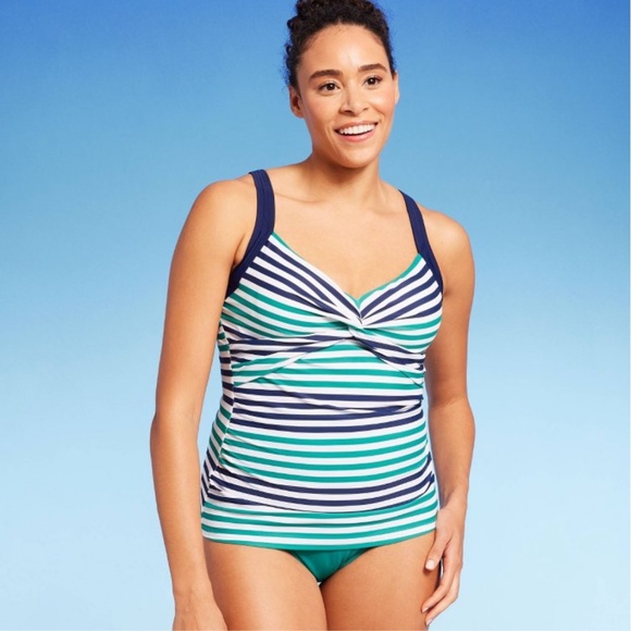 Lands' End Women's UPF 50 Striped Twist-Front Underwire Tankini Top - Blue/Green - Picture 1 of 2